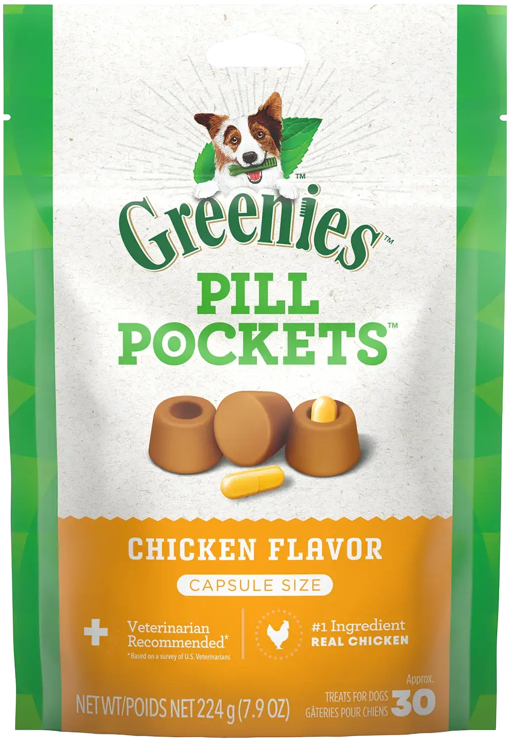 Front of Greenies Capsule Pill Pockets Dog Treats Chicken 7.9-oz 30 Count