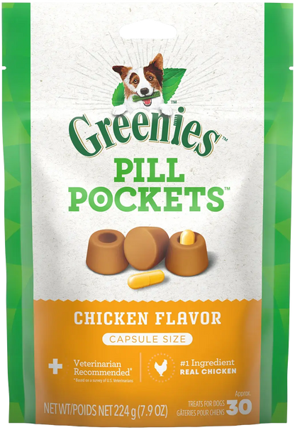 Front of Greenies Capsule Pill Pockets Dog Treats Chicken 7.9-oz 30 Count