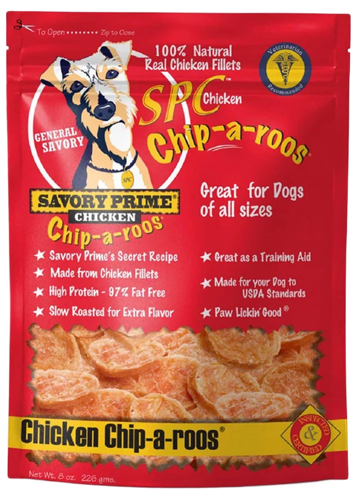 Front of Savory Prime Chip-a-Roos Chicken Dog Treat 8-oz