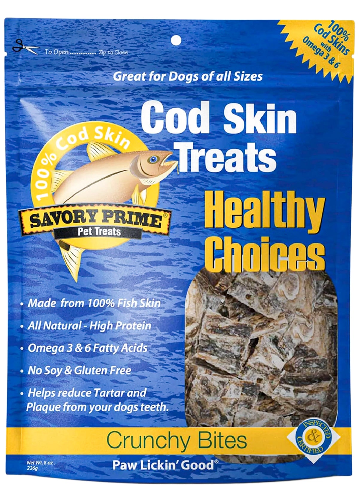 Front of Savory Prime Cod Skin Crunchy Bites Dog Treats 8-oz