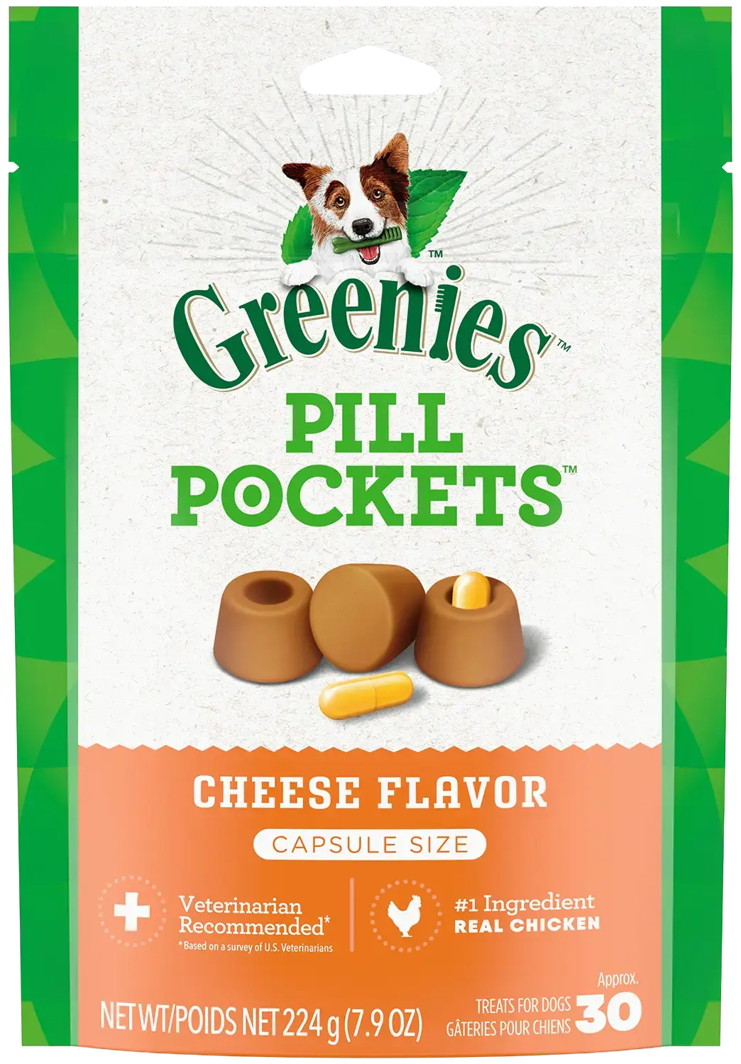Front of Greenies Capsule Pill Pockets Dog Treats Cheese 7.9-oz 30 Count