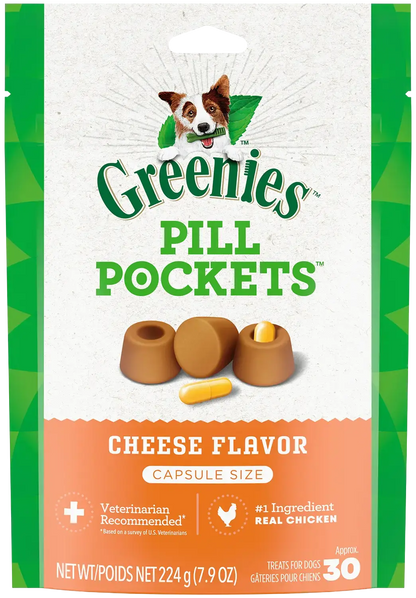 Front of Greenies Capsule Pill Pockets Dog Treats Cheese 7.9-oz 30 Count