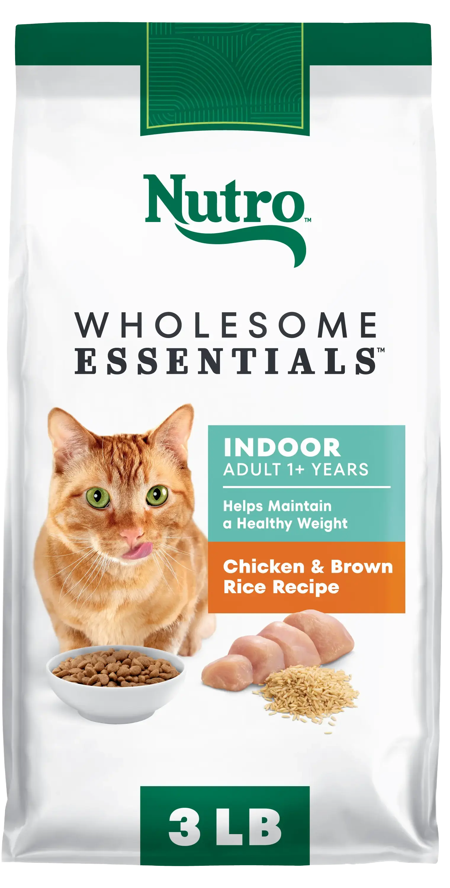 Front of Nutro Wholesome Essentials Chicken & Brown Rice Healthy Weight Indoor Adult Dry Cat Food 3-lb