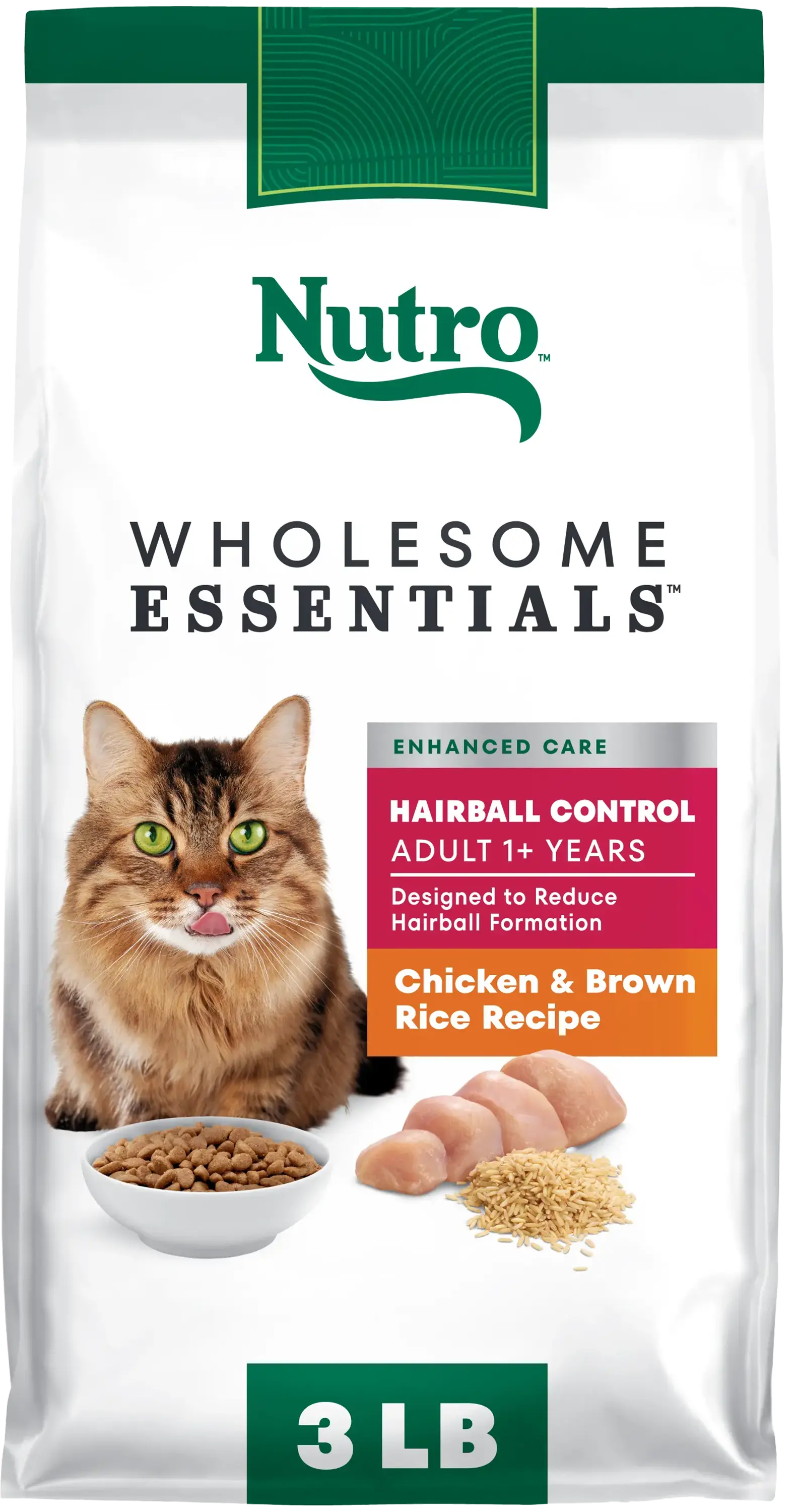 Front of Nutro Wholesome Essentials Chicken & Brown Rice Hairball Control Adult Dry Cat Food 3-lb