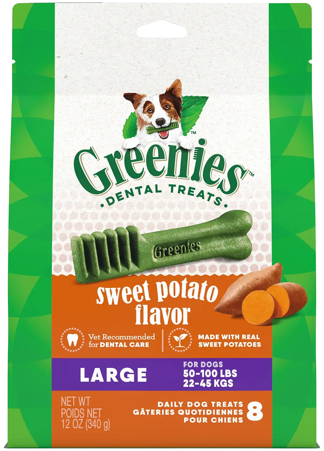 Front of Greenies Sweet Potato Dog Dental Treats Large 12-oz 8 Count