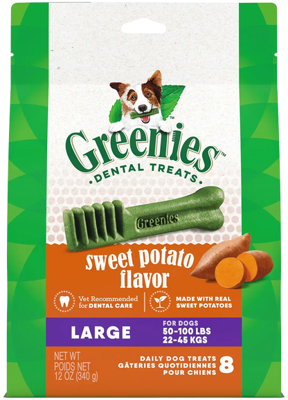 Front of Greenies Sweet Potato Dog Dental Treats Large 12-oz 8 Count