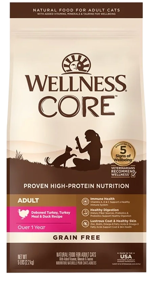 Front of Wellness CORE Grain-Free Adult Dry Cat Food Turkey, Turkey Meal & Duck Recipe 5-lb