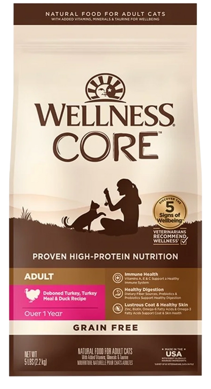Front of Wellness CORE Grain-Free Adult Dry Cat Food Turkey, Turkey Meal & Duck Recipe 5-lb
