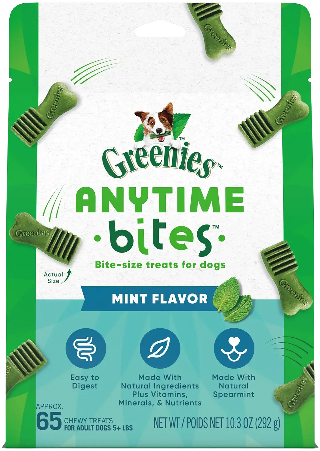 Front of Greenies Anytime Bites Bite-Size Dog Dental Treats Mint 10.3-oz