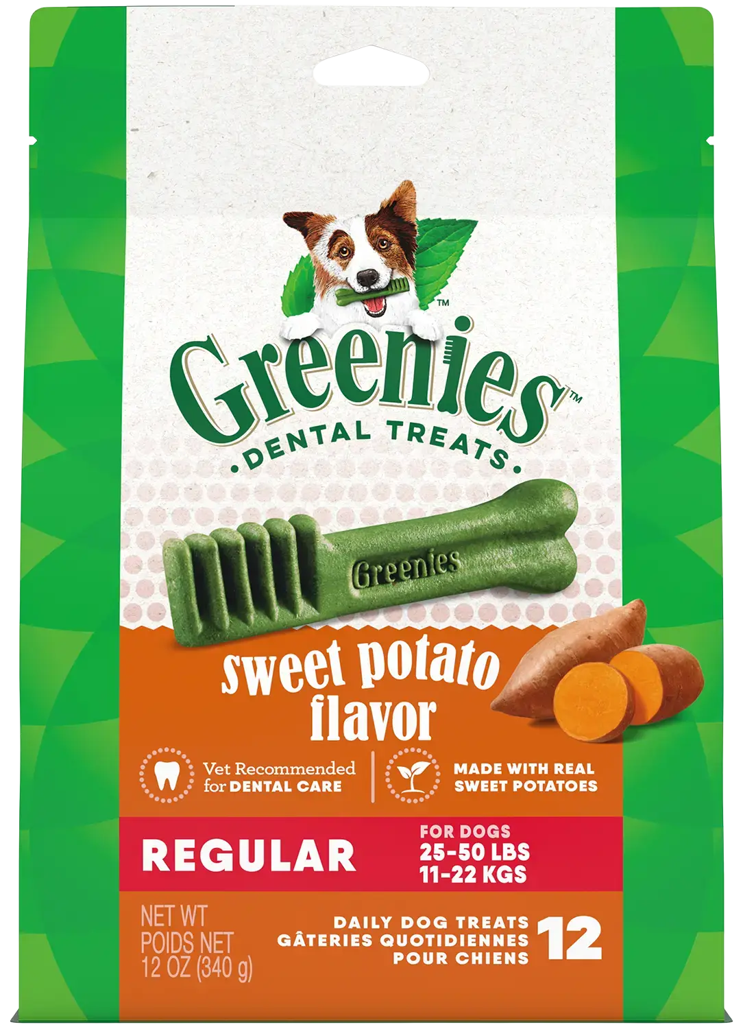 Front of Greenies Sweet Potato Dog Dental Treats Regular 12-oz 12 Count