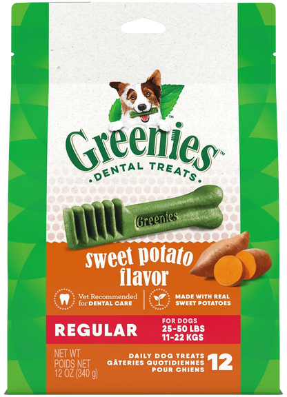 Front of Greenies Sweet Potato Dog Dental Treats Regular 12-oz 12 Count