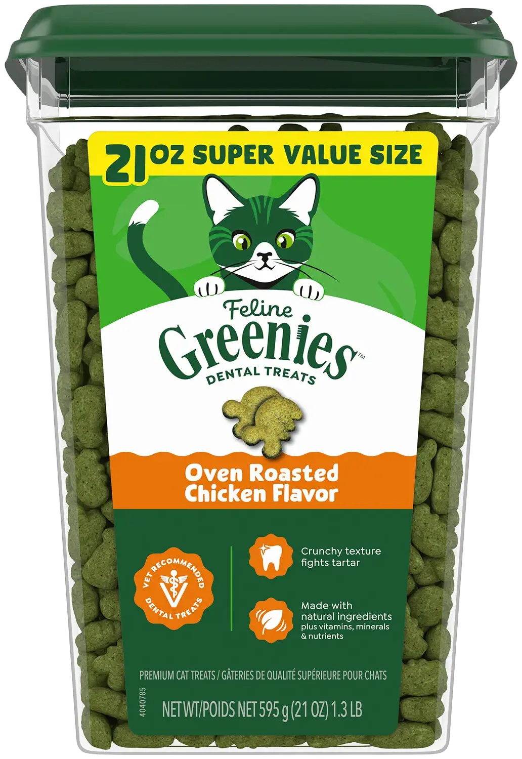 Front of Greenies Feline Oven Roasted Chicken Adult Cat Dental Treats 21-oz