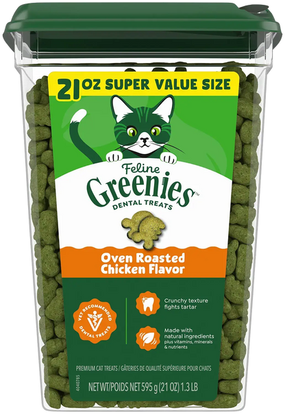 Front of Greenies Feline Oven Roasted Chicken Adult Cat Dental Treats 21-oz