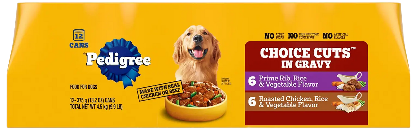 Front of Pedigree Homestyle Meals Adult Wet Dog Food Variety Pack Prime Rib & Roasted Chicken 12 Count 9.9-lb