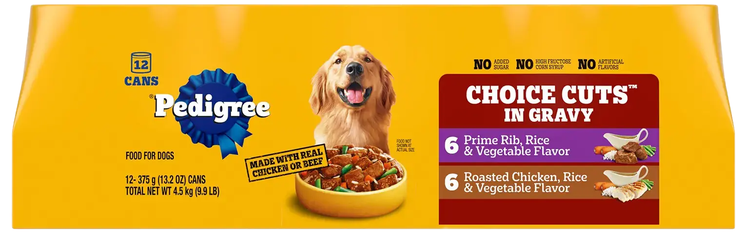 Front of Pedigree Homestyle Meals Adult Wet Dog Food Variety Pack Prime Rib & Roasted Chicken 12 Count 9.9-lb