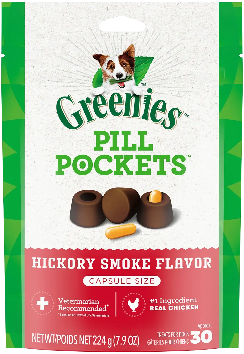 Front of Greenies Capsule Pill Pockets Dog Treats Hickory Smoke 7.9-oz 30 Count
