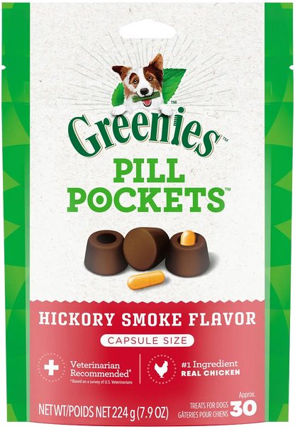Front of Greenies Capsule Pill Pockets Dog Treats Hickory Smoke 7.9-oz 30 Count