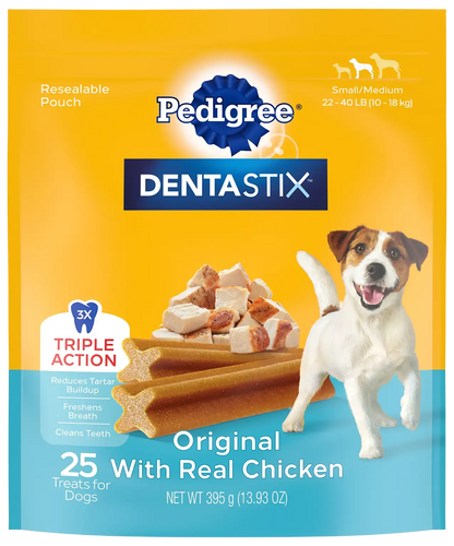 Front of Pedigree DENTASTIX Dog Dental Treat Original with Real Chicken 25 Count