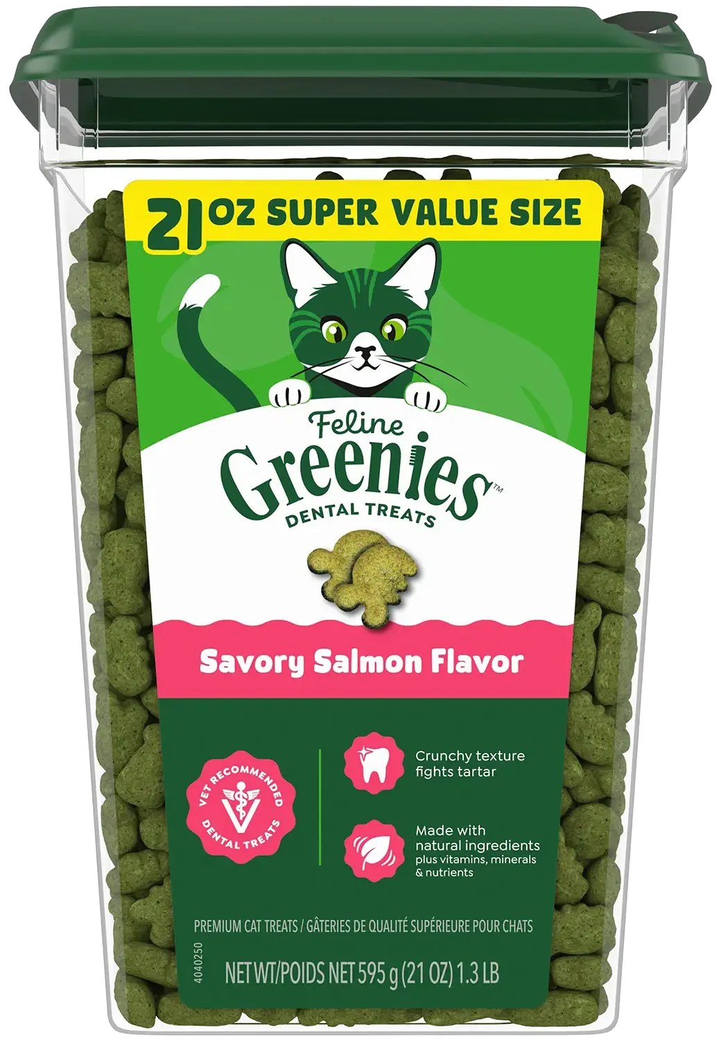 Front of Greenies Feline Savory Salmon Adult Cat Dental Treats 21-oz