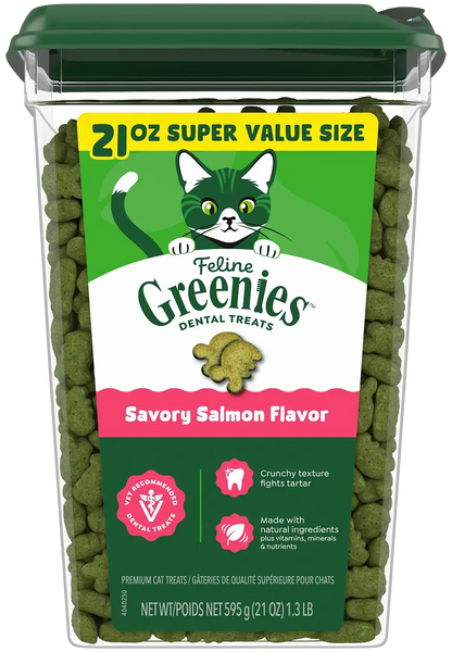Front of Greenies Feline Savory Salmon Adult Cat Dental Treats 21-oz