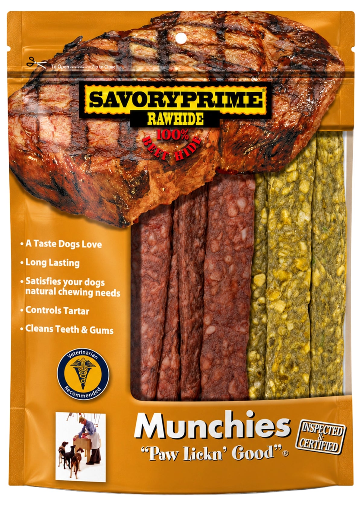 Front of Savory Prime Chicken & Beef Munchie Strips Dog Treats 5 inches 36 Count