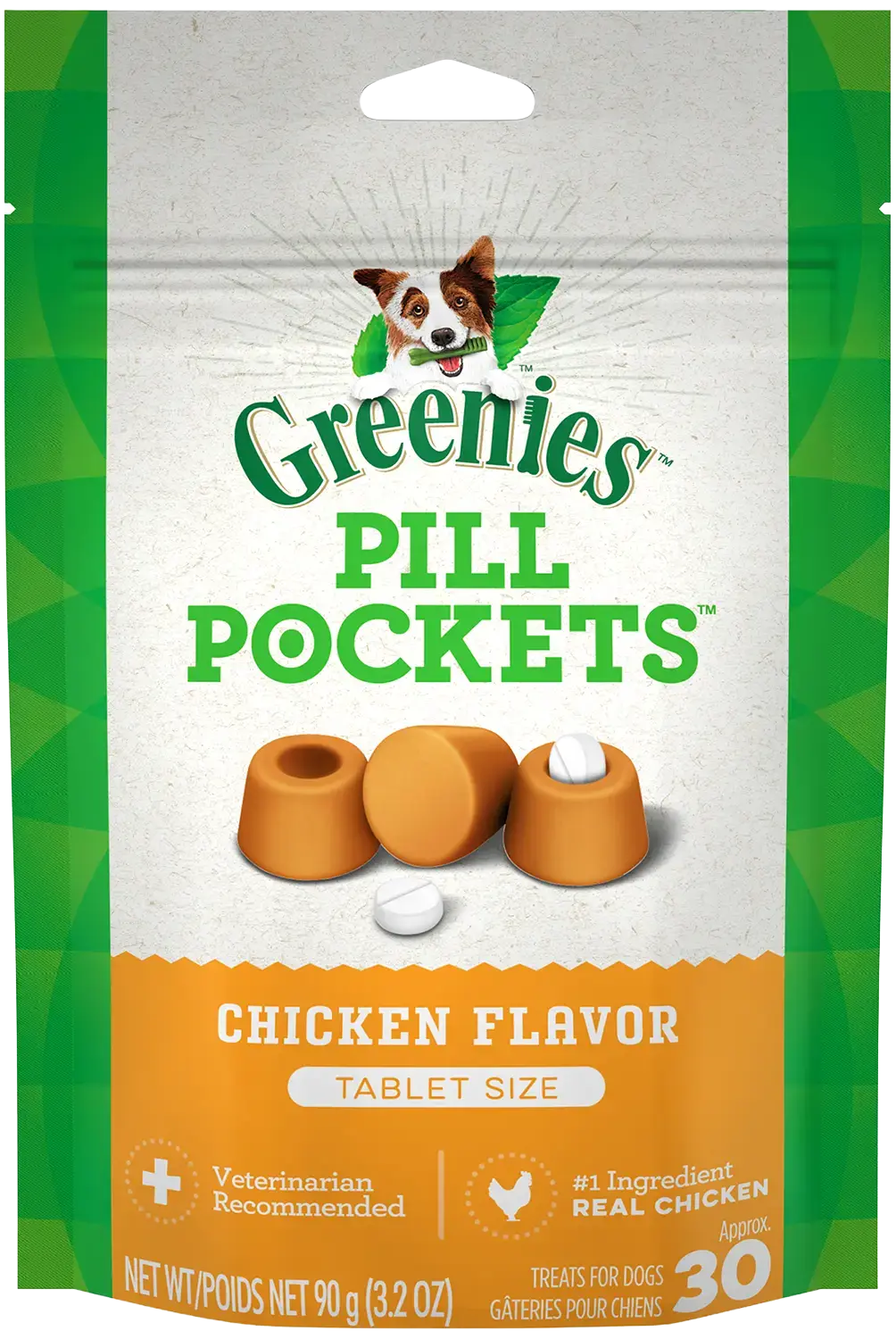 Front of Greenies Tablet Pill Pockets Dog Treats Chicken 3.2-oz 30 Count