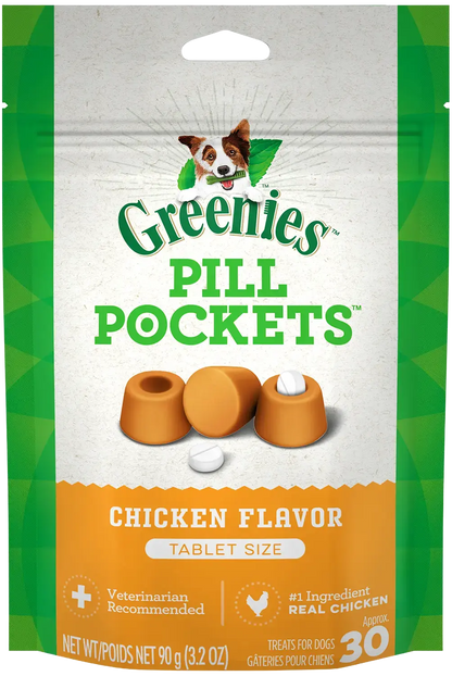Front of Greenies Tablet Pill Pockets Dog Treats Chicken 3.2-oz 30 Count
