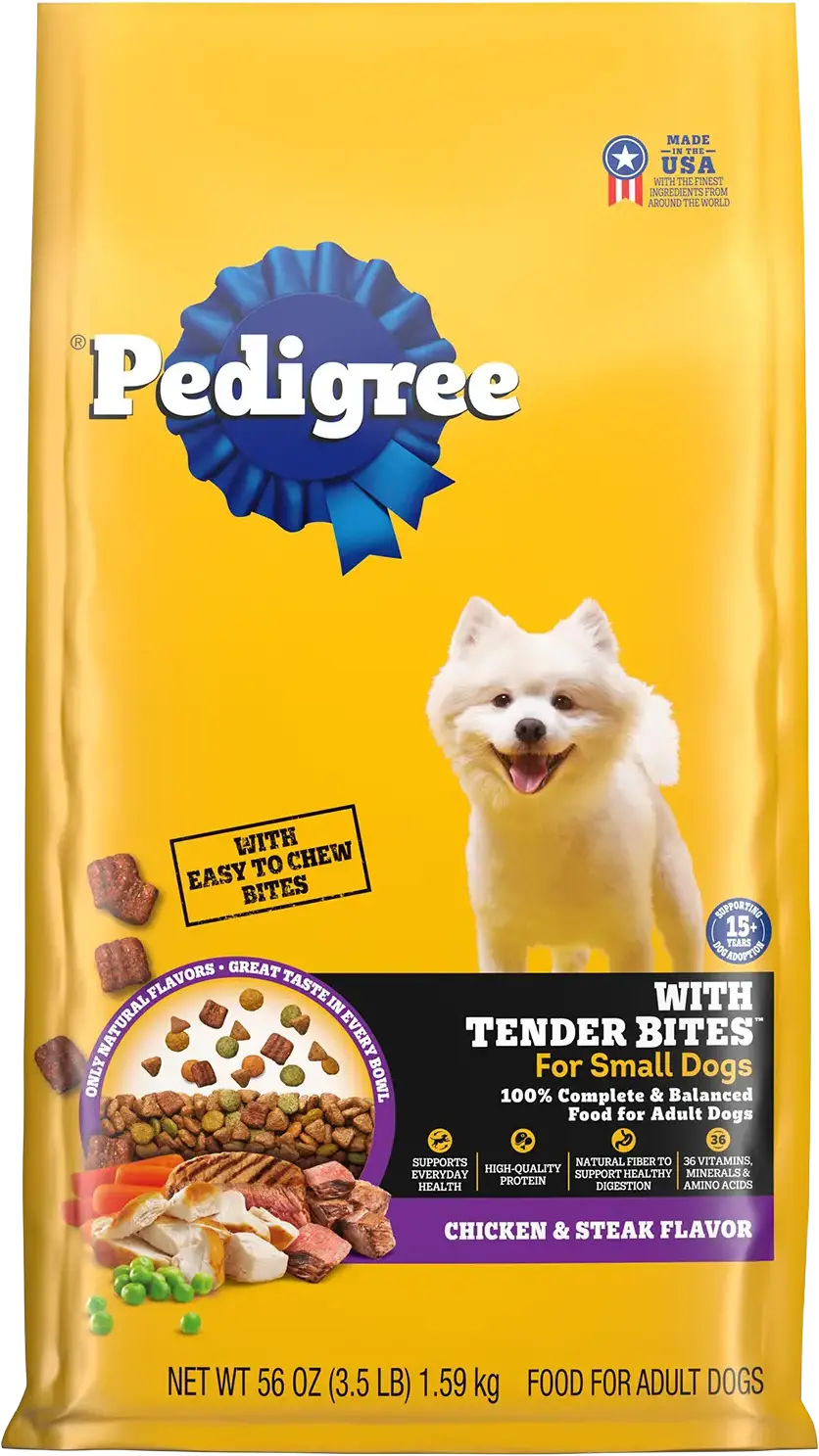 Front of Pedigree Complete Nutrition Tender Bites Small Breed Adult Dry Dog Food Chicken & Steak 3.5-lb