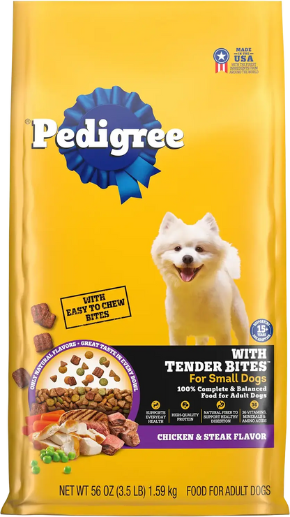 Front of Pedigree Complete Nutrition Tender Bites Small Breed Adult Dry Dog Food Chicken & Steak 3.5-lb
