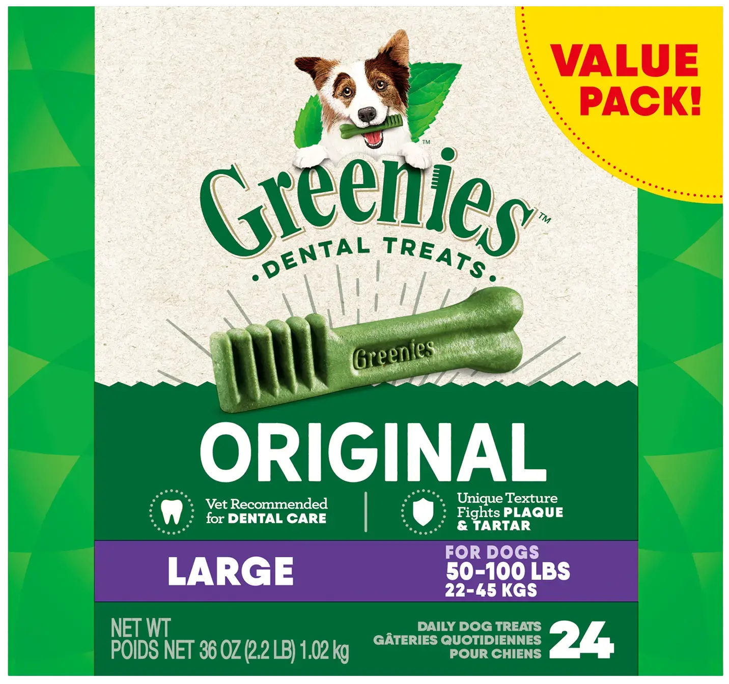 Front of Greenies Original Dog Dental Treats Large 36-oz 24 Count