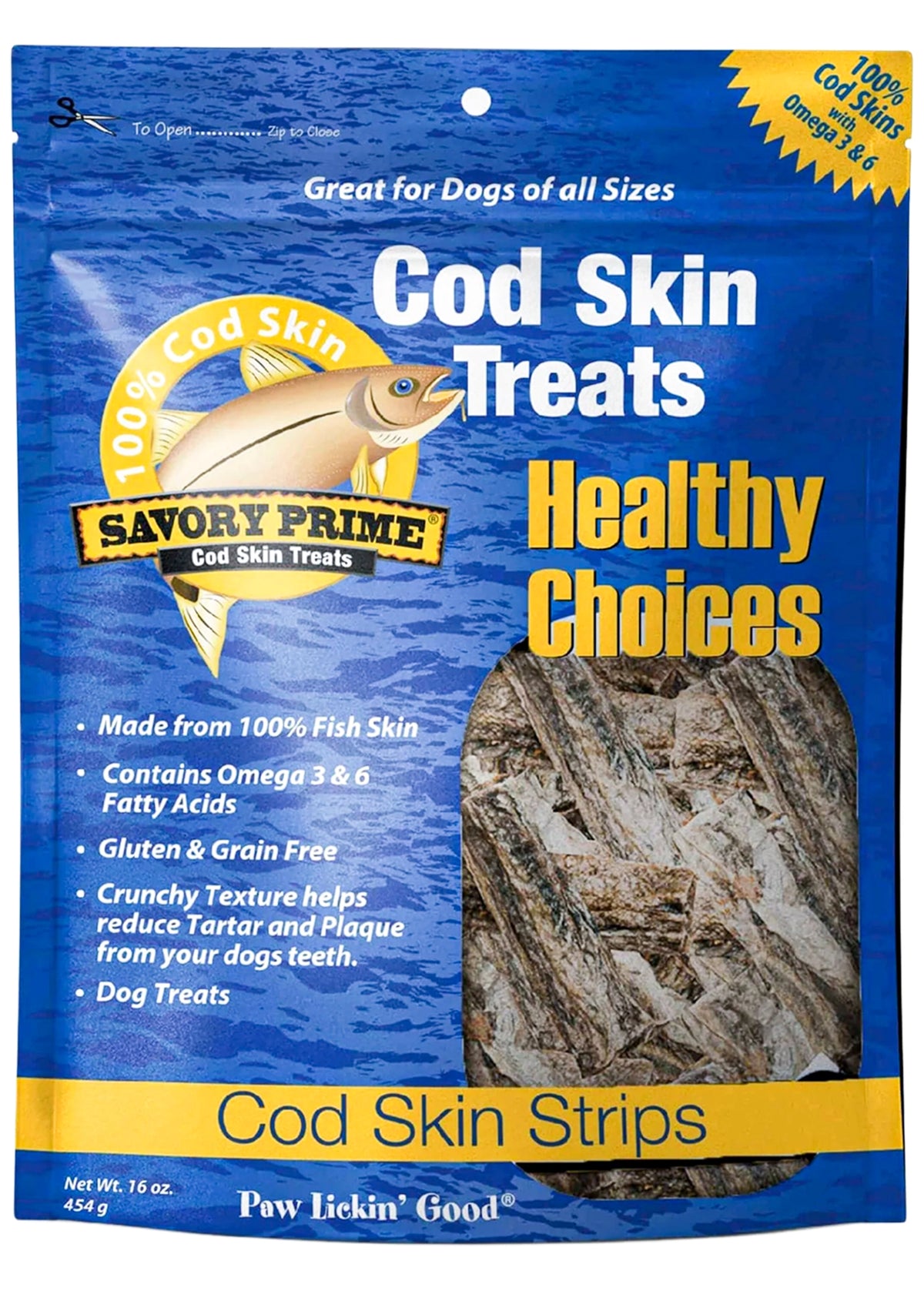 Front of Savory Prime Cod Skin Fish Strips Dog Treats 16-oz