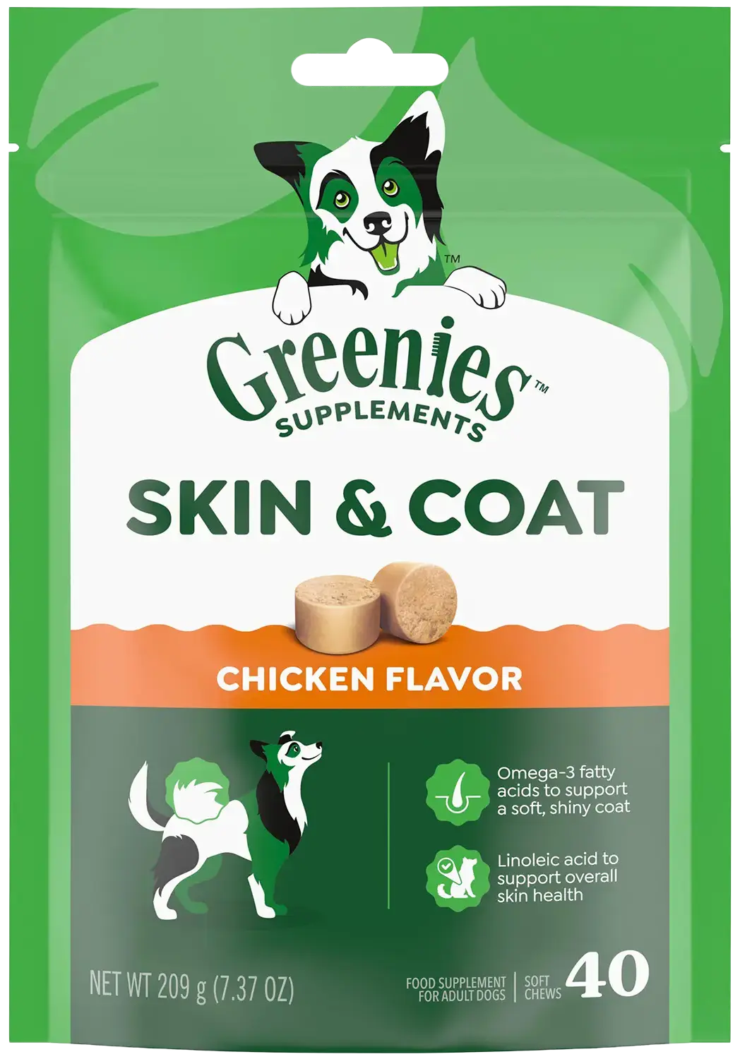 Front of Greenies Skin & Coat Food Supplement Soft Chews for Adult Dogs Chicken Flavor 40 Count 7.37-oz