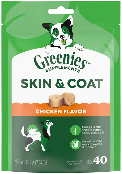 Front of Greenies Skin & Coat Food Supplement Soft Chews for Adult Dogs Chicken Flavor 40 Count 7.37-oz