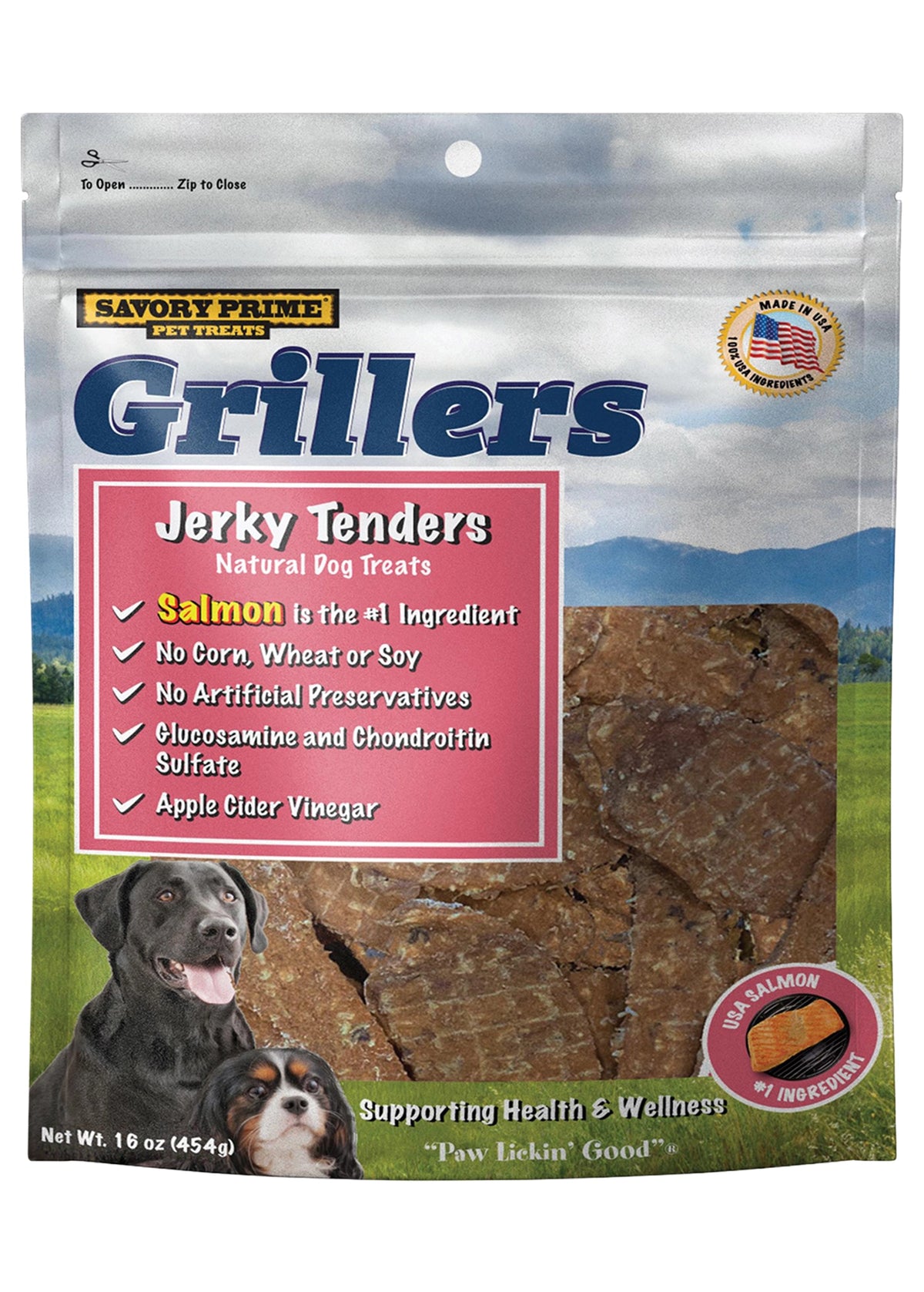 Front of Savory Prime Grillers Salmon Jerky Tenders Dog Treats 16-oz