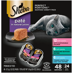Sheba Perfect Portions Pate Wet Cat Food Salmon, Seafood & Whitefish/Tuna 24 Twin Variety Pack 48 Count 3.96-lb