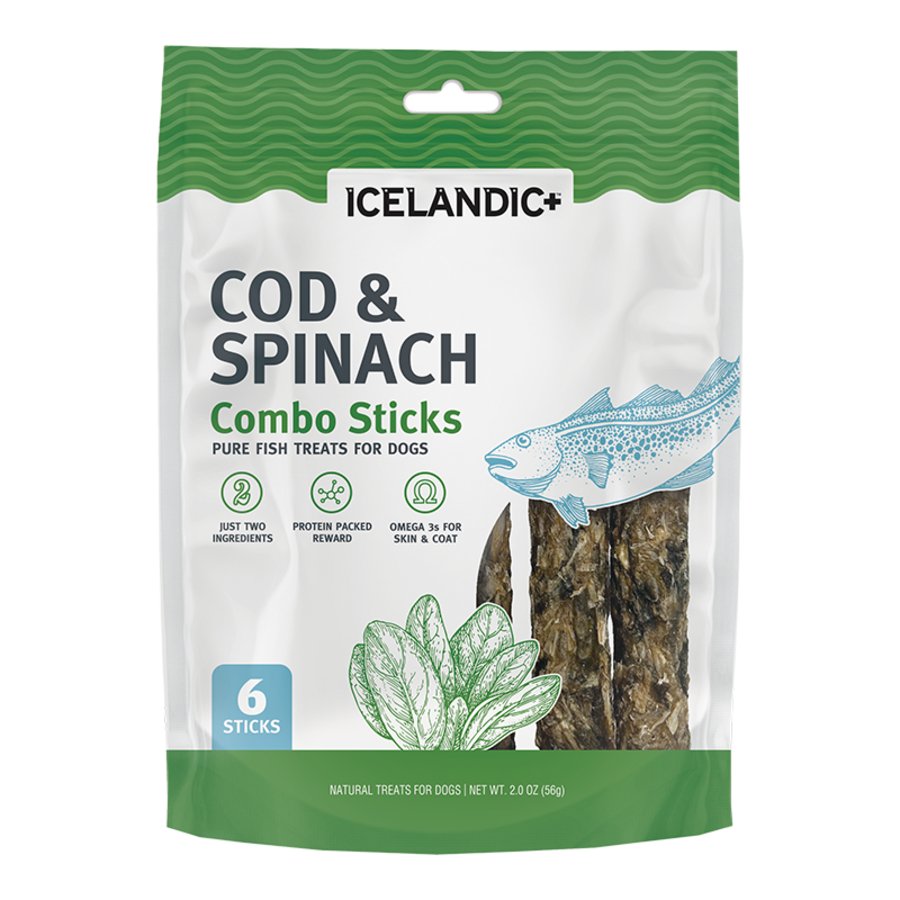 Icelandic+ Cod & Spinach Combo Sticks Pure Fish Crunchy Dog Treats 2-oz, Kwik Pets