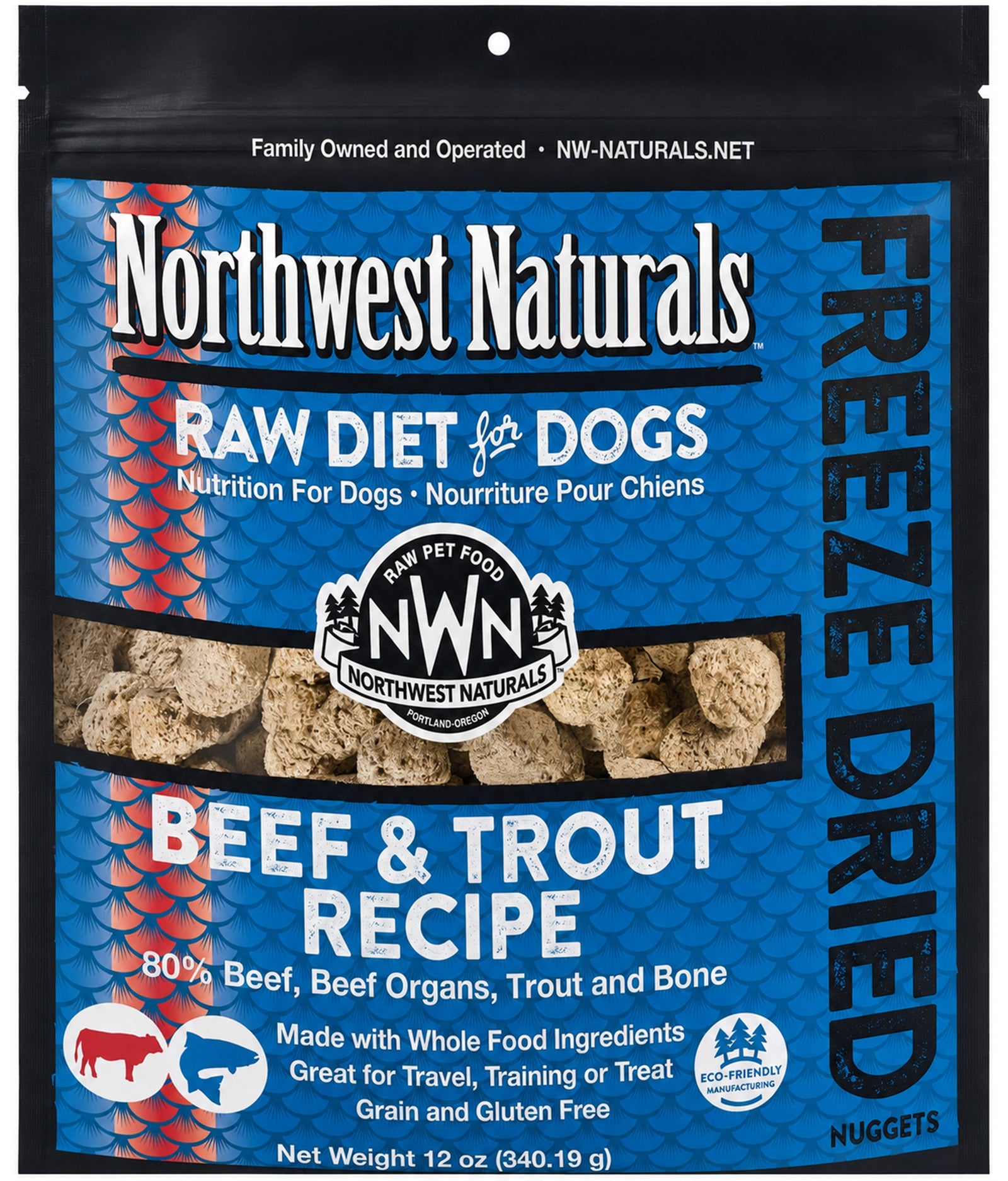 Front of Northwest Naturals Freeze Dried Raw Diet Dog Food Beef & Trout Recipe 12-oz