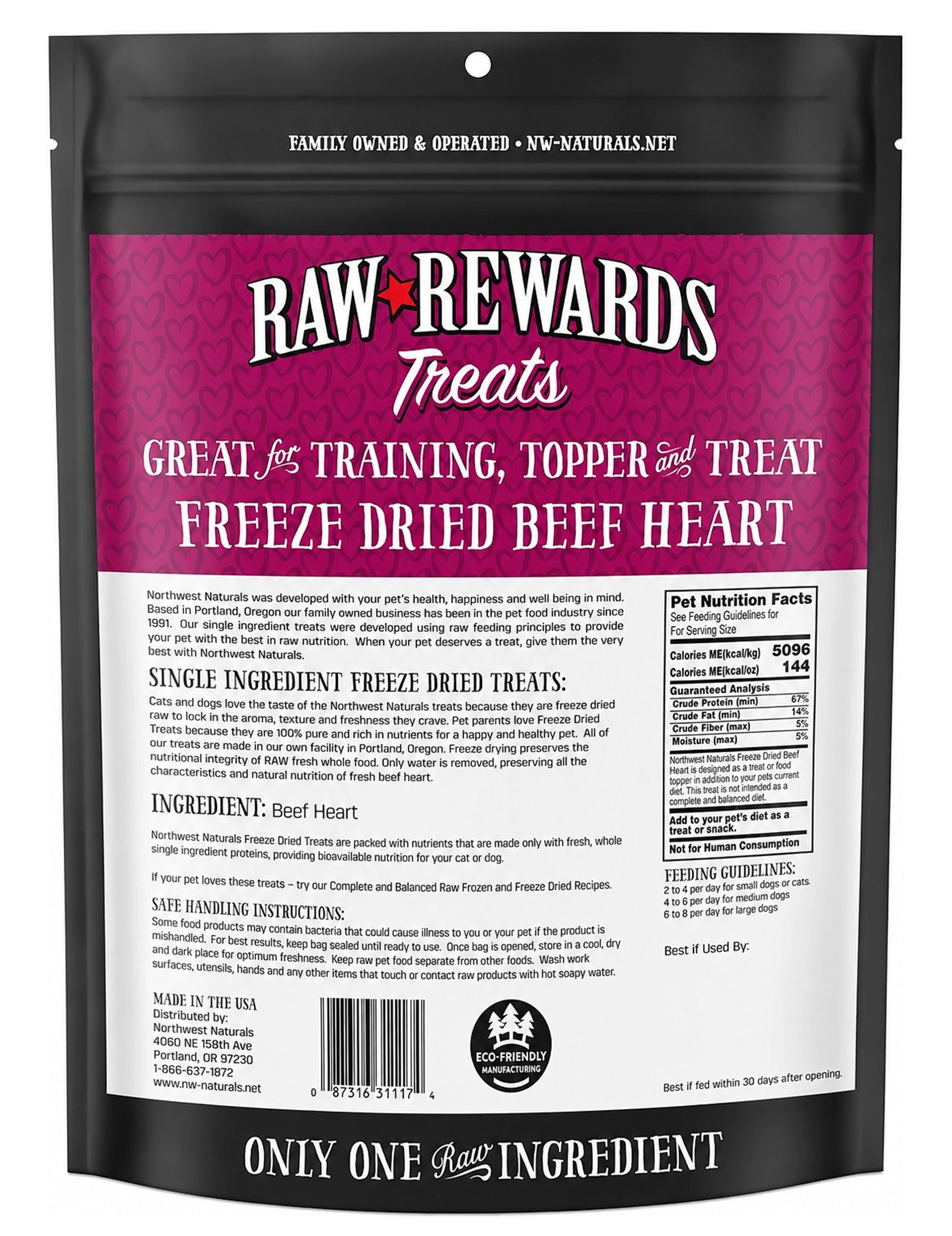 Back of Northwest Naturals Raw Rewards Freeze Dried Dog & Cat Treats Beef Heart 10-oz