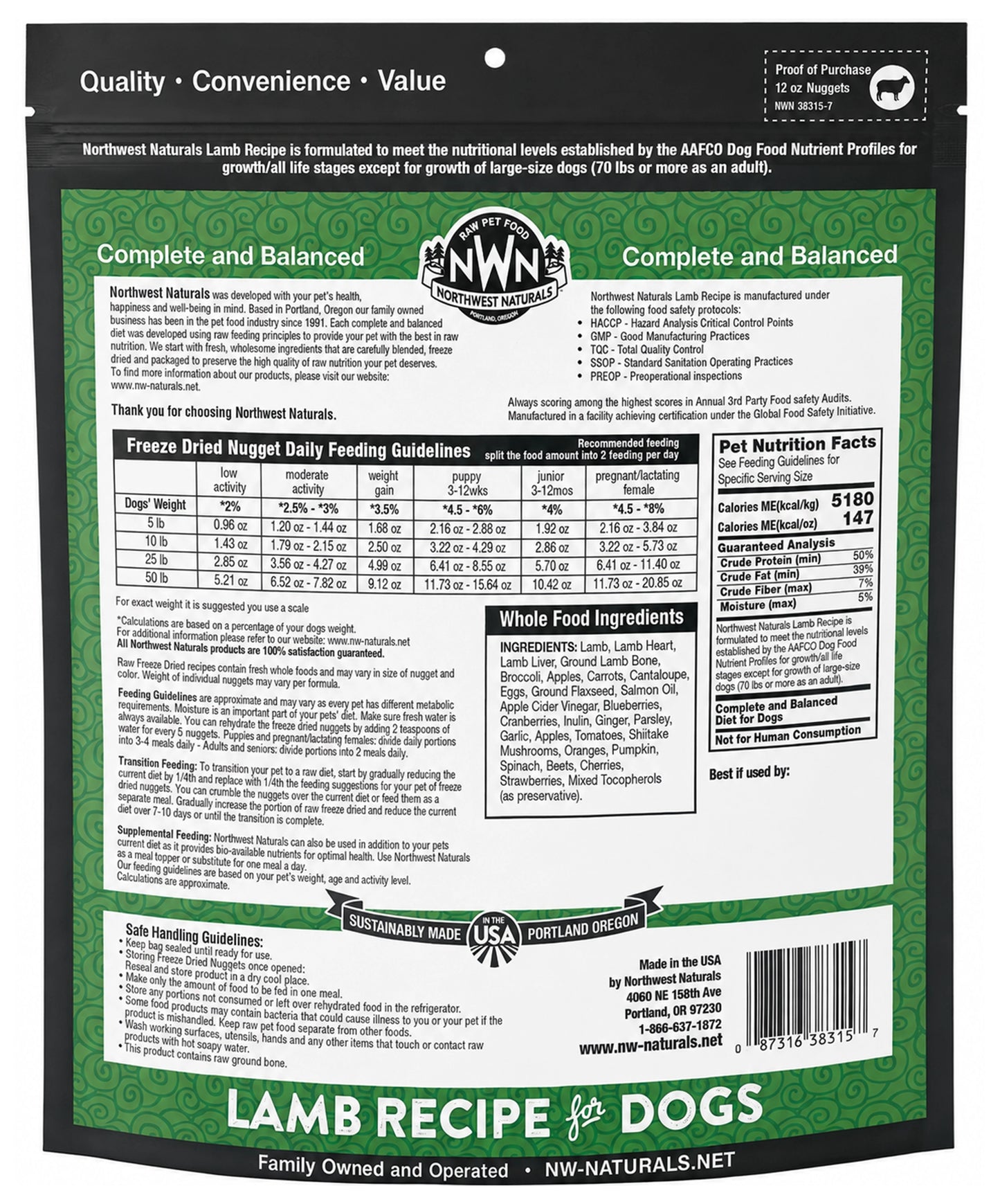 Back of Northwest Naturals Freeze Dried Raw Diet Dog Food Lamb Recipe 12-oz