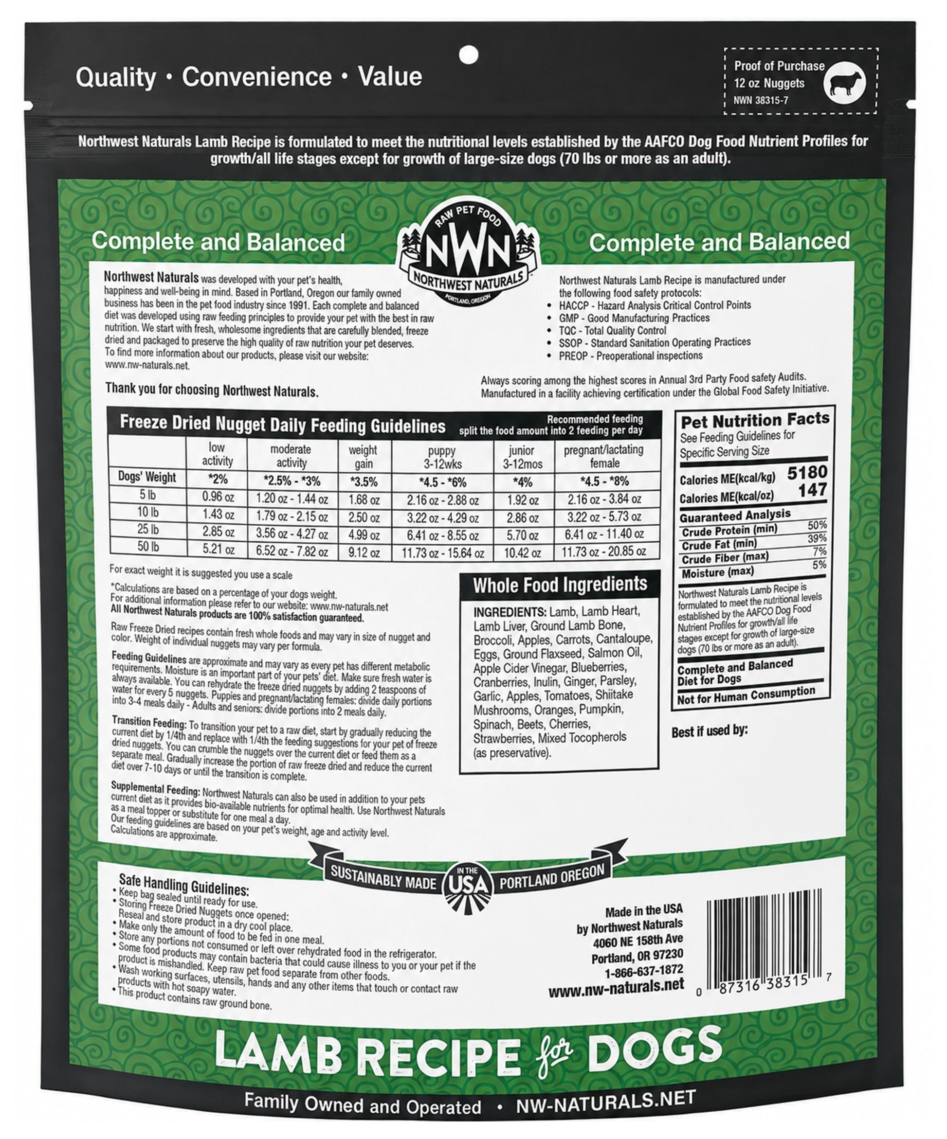 Back of Northwest Naturals Freeze Dried Raw Diet Dog Food Lamb Recipe 12-oz