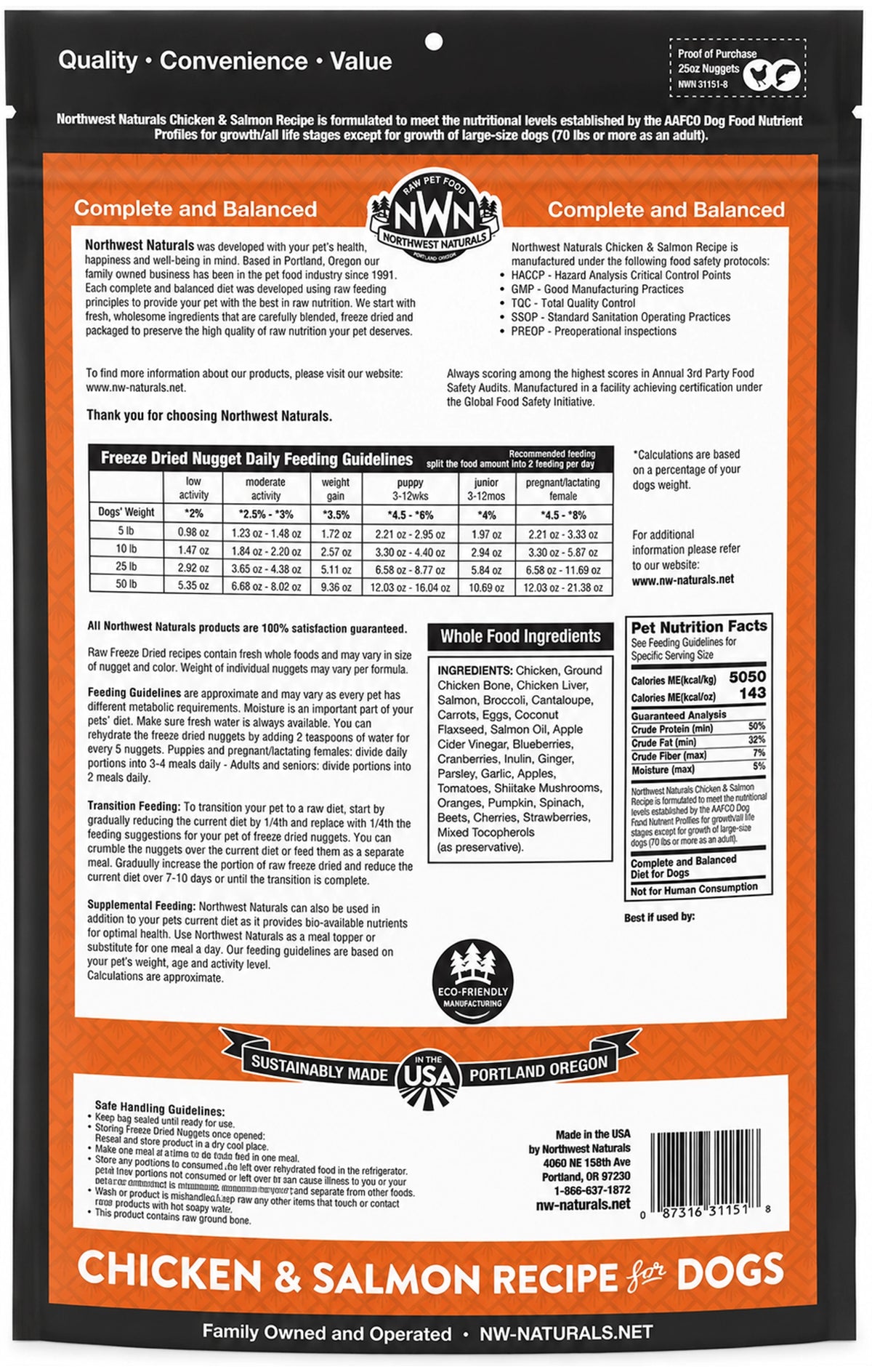 Back of Northwest Naturals Freeze Dried Raw Diet Dog Food Chicken & Salmon Recipe 25-oz