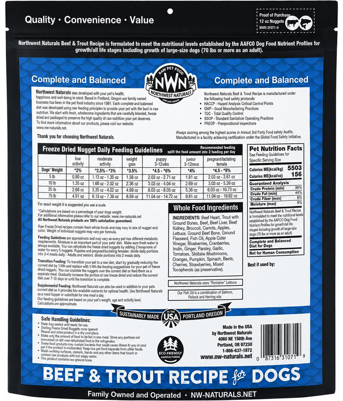 Back of Northwest Naturals Freeze Dried Raw Diet Dog Food Beef & Trout Recipe 12-oz