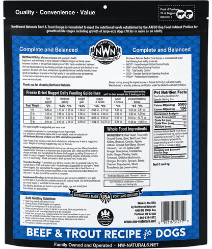 Back of Northwest Naturals Freeze Dried Raw Diet Dog Food Beef & Trout Recipe 12-oz
