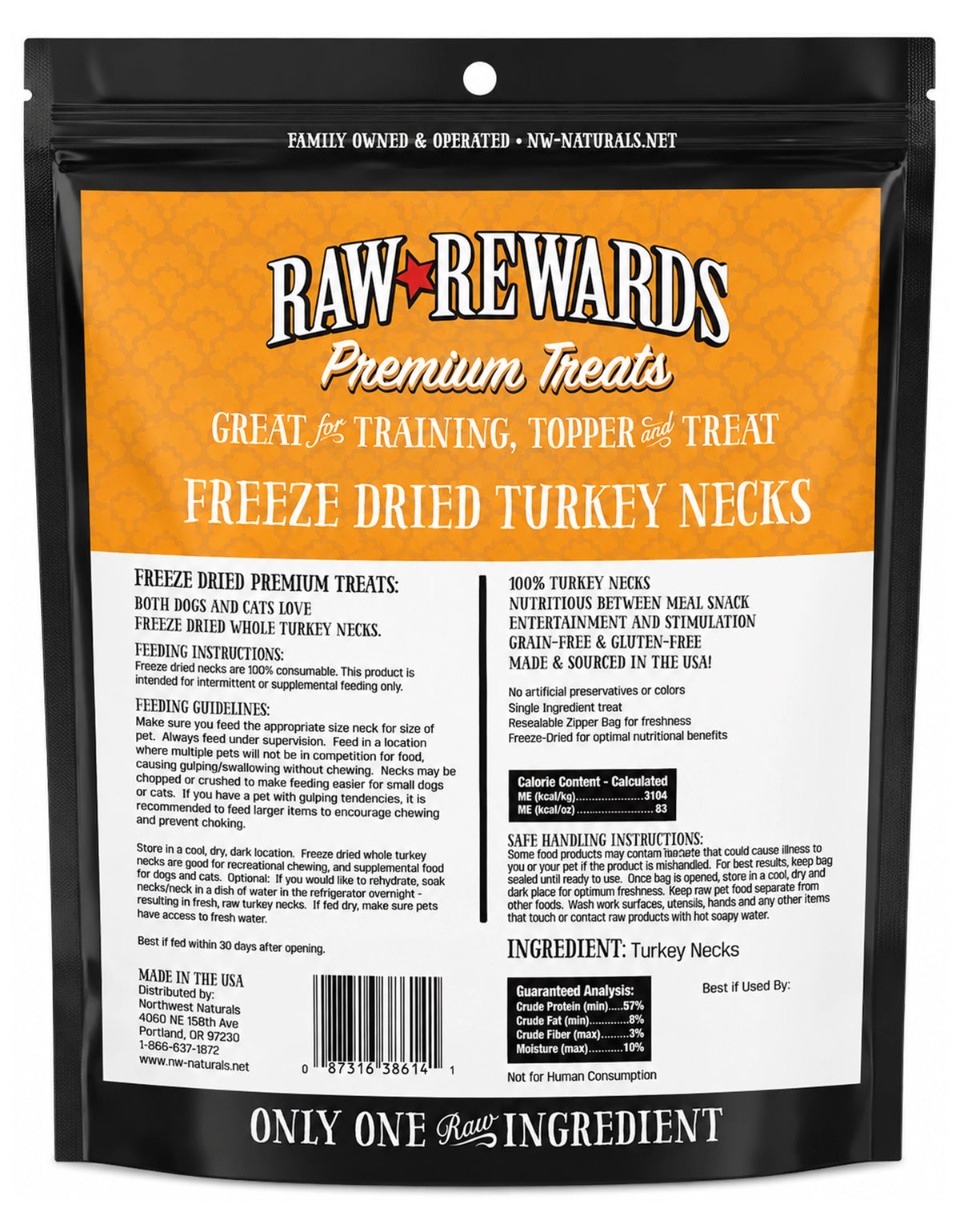 Back of Northwest Naturals Raw Rewards Premium Freeze Dried Dog & Cat Treats Turkey Necks 6-oz