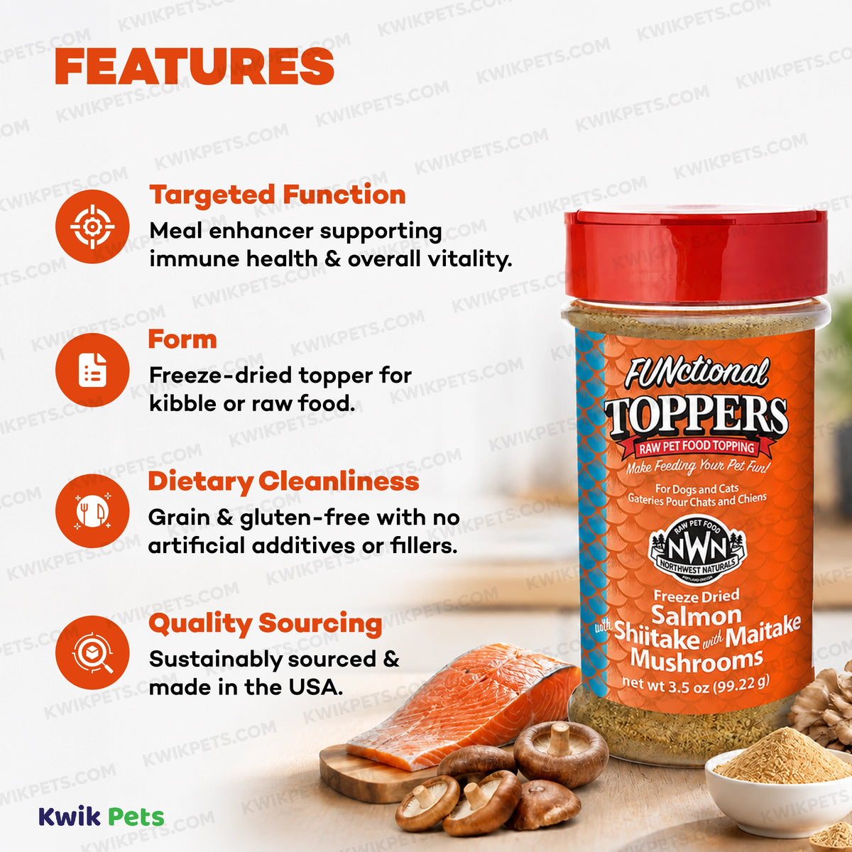 Features of Northwest Naturals Functional Freeze Dried Dog & Cat Food Topper Salmon with Shiitake & Maitake Mushrooms 3.5-oz