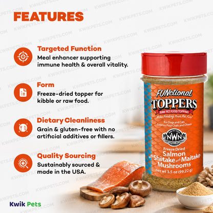 Features of Northwest Naturals Functional Freeze Dried Dog & Cat Food Topper Salmon with Shiitake & Maitake Mushrooms 3.5-oz