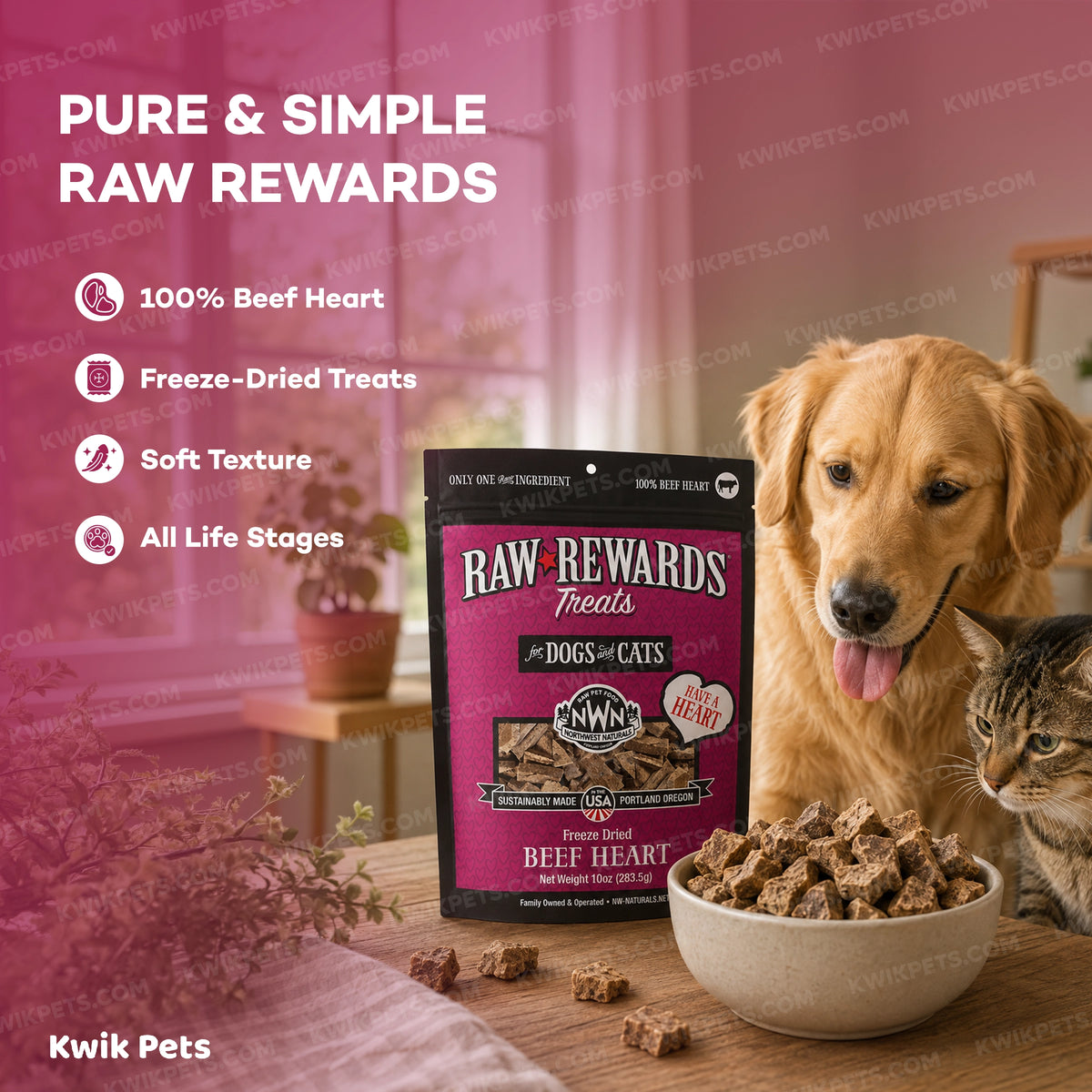 Features of Northwest Naturals Raw Rewards Freeze Dried Dog & Cat Treats Beef Heart 10-oz