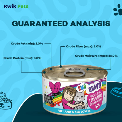 Guaranteed Analysis info of Weruva B.F.F. OMG Duck & Tuna Lots-O-Luck! Dinner in Gravy Wet Cat Food 2.8-oz