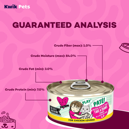 Guaranteed Analysis info of Weruva B.F.F. PLAY Paté Chicken, Duck & Turkey Take A Chance Dinner in a Hydrating Purée Wet Cat Food 2.8-oz