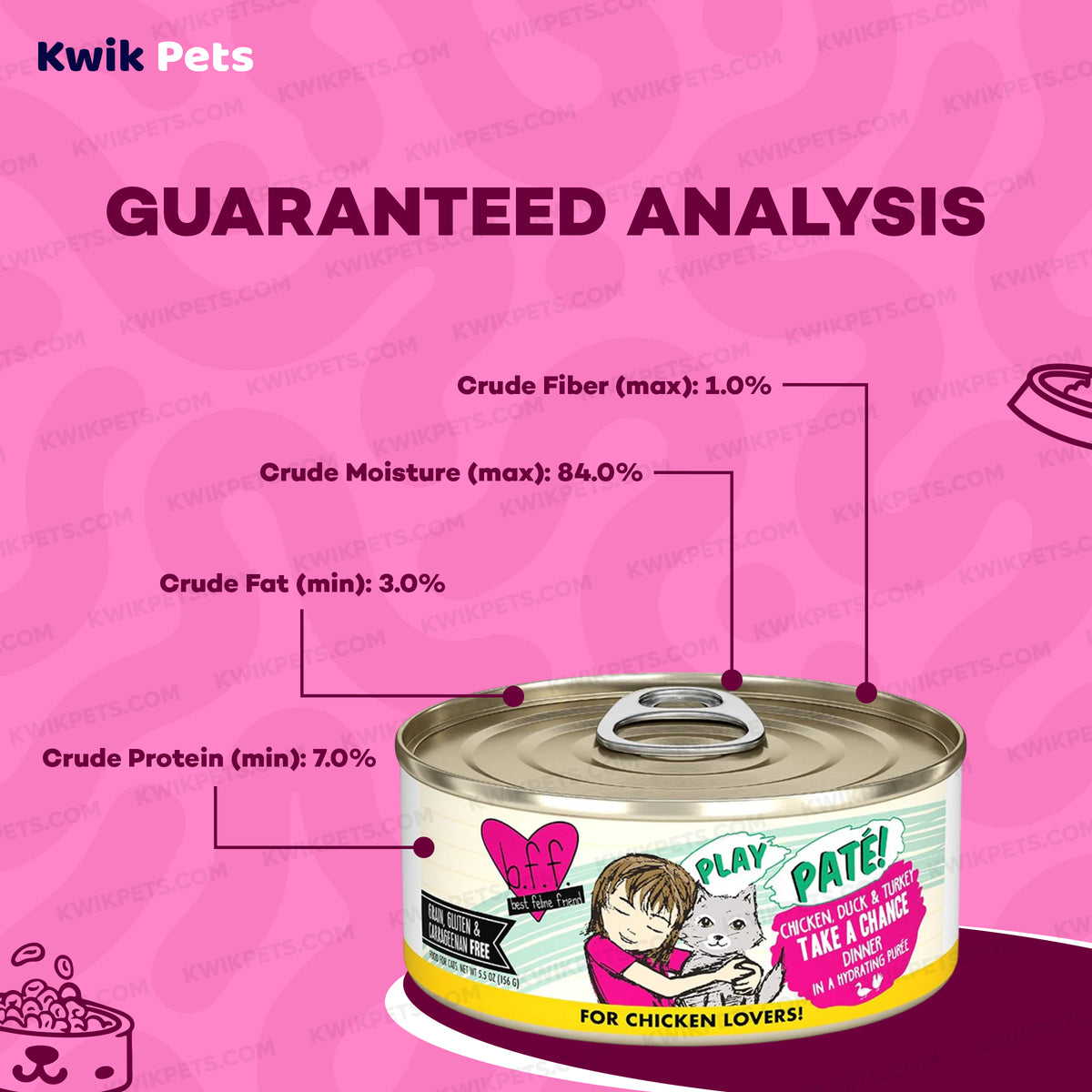 Guaranteed Analysis of Weruva B.F.F. PLAY Paté Chicken, Duck & Turkey Take A Chance Dinner in a Hydrating Purée Wet Cat Food 5.5-oz